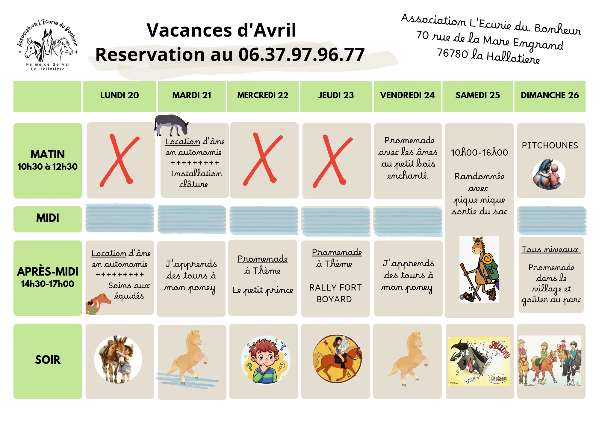 Programme des vacances d’avril – Écurie du Bonheur