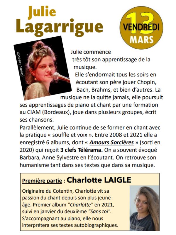 Concert Julie Lagarrigue > Agneaux Culture Loisirs